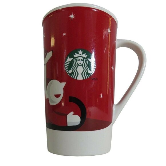 Starbucks 2011 Red Holiday Winter Christmas Coffee Latte Mug Dog Boy Sledding - Picture 1 of 6